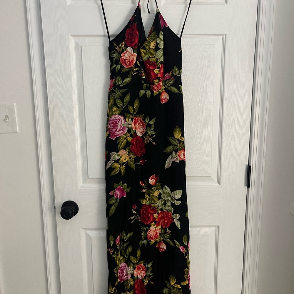 Floral Halter Maxi Dress - Black and Red - Picture 2 of 10